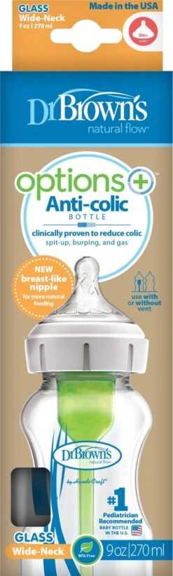Dr. Brown's Options+ Anti-colic Botle Babyfles - Brede Halsfles Glas 270 Ml -Babyproducten Verkoop 360x1200